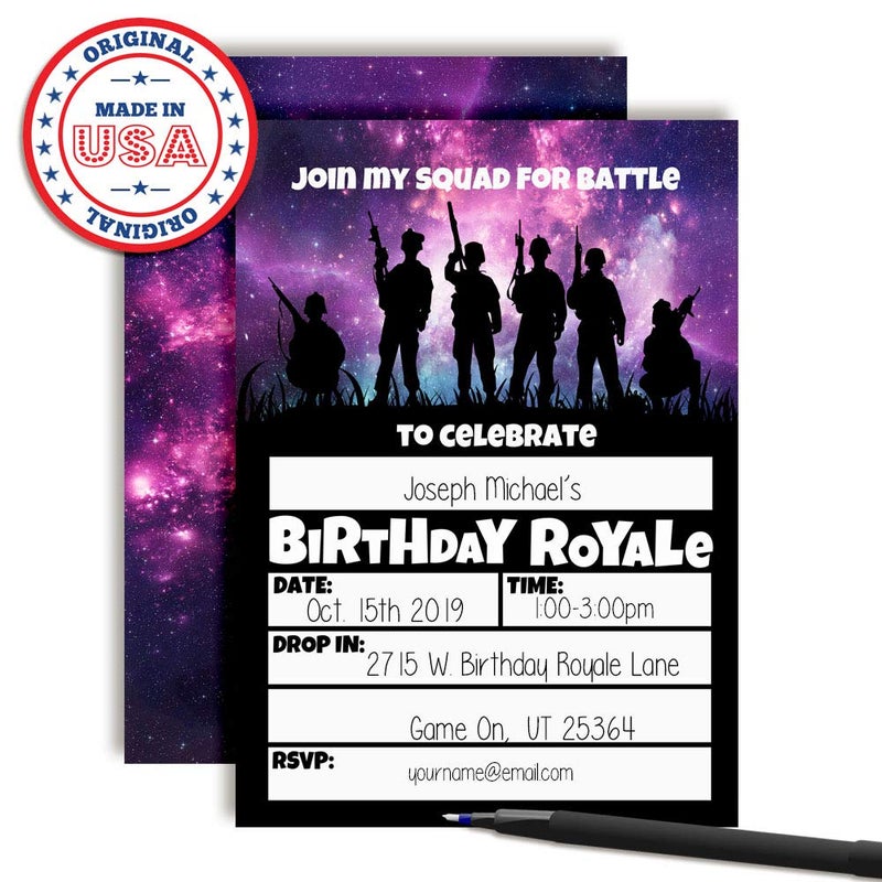 Amanda Creation Galaxy Fort Battle Video Gaming 20 Birthday Party Invitations 5x7 Fill-In Cards with Envelopes, Kids Gamer Party Supplies, Fun Squad Design Birthday Invitations, Made in USA by Amanda Creation - Image 3